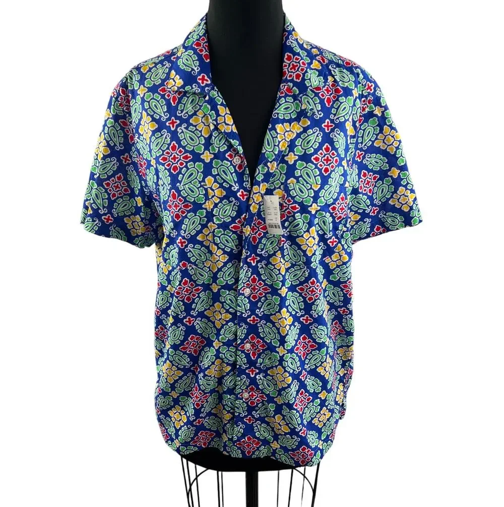 NWT J. Crew Slub Cotton Shirt Camp Collar Blue Floral Print Short Sleeve Size M